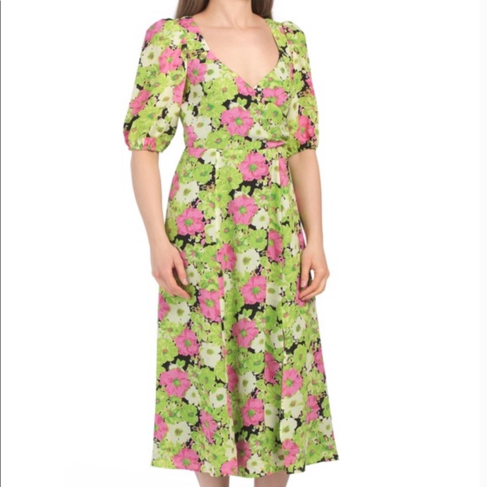 Nordstrom WAYF Bright Floral Puff Sleeve Midi Dress Green Pink BRAND NEW
